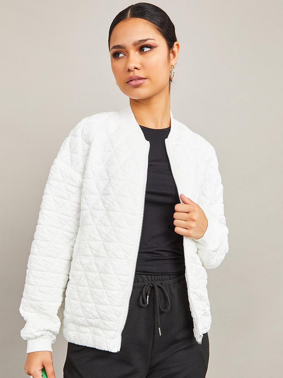 

Styli Women White Oversized Quilted Regular Length Bomber Jacket