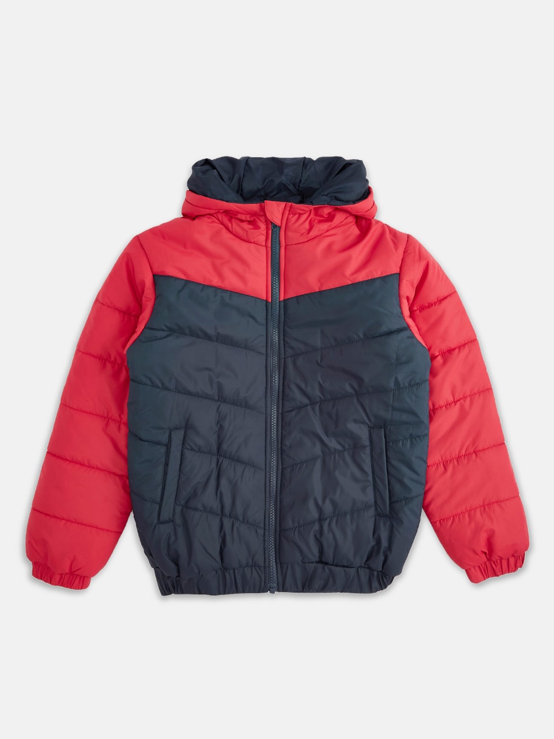 

Pantaloons Junior Boys Red and Navy blue Hooded Padded Jacket