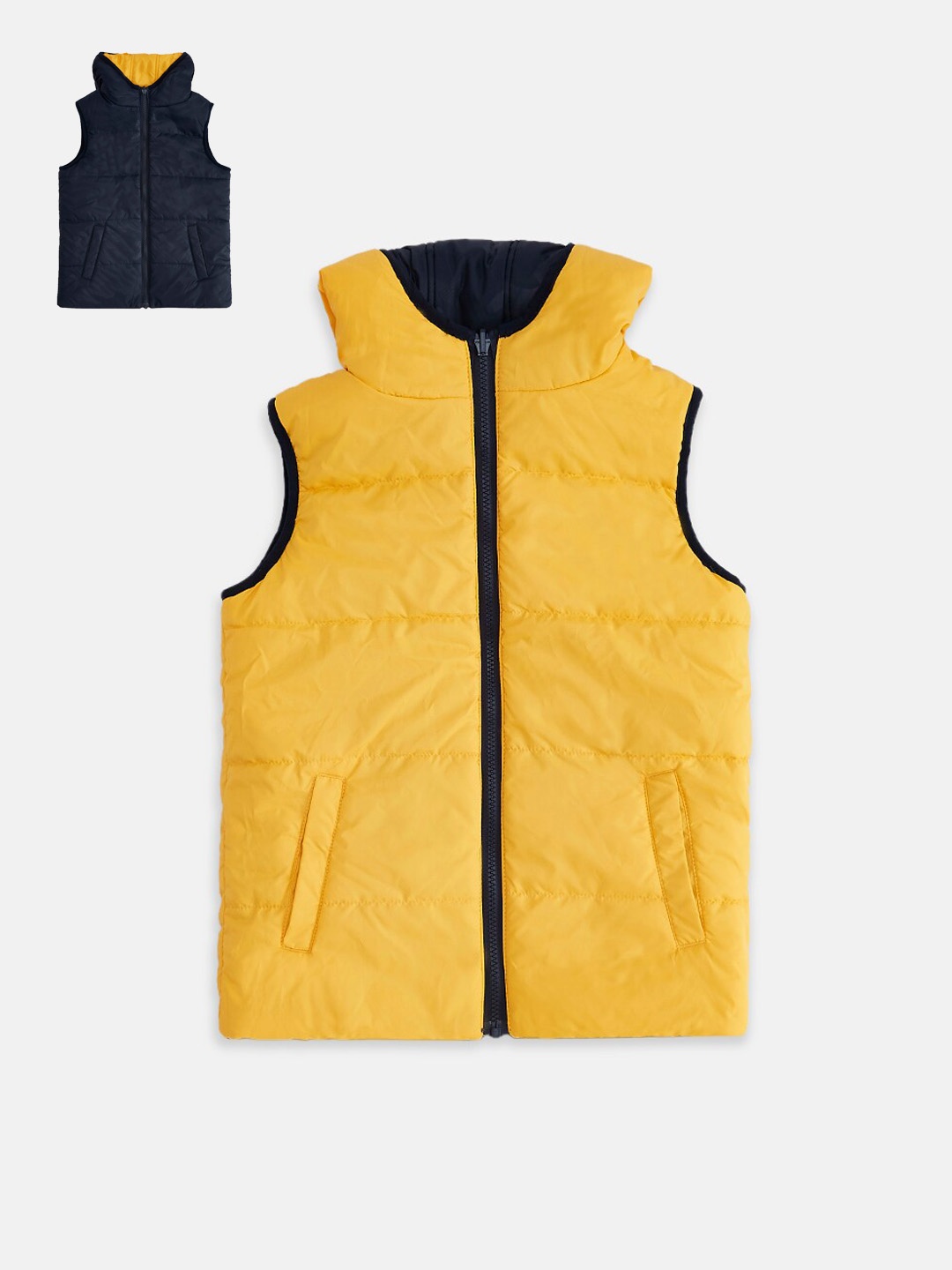 

Pantaloons Junior Boys Navy Blue & Yellow Reversible Puffer Jacket
