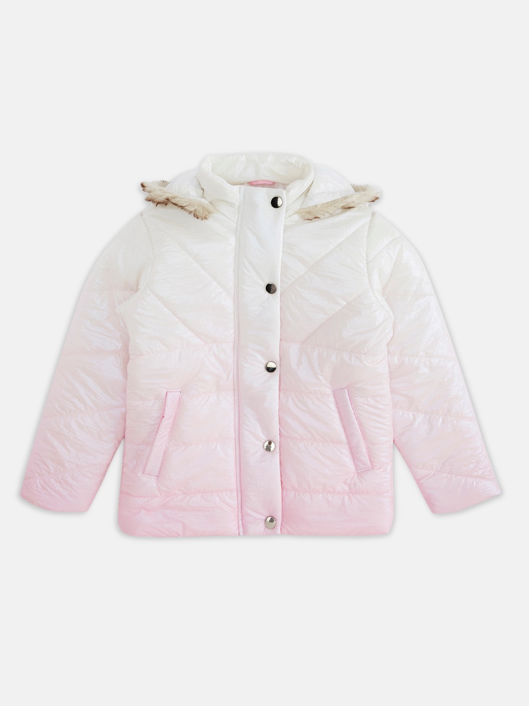 

Pantaloons Junior Girls Pink & White Quilted Jacket with Faux Fur Trim