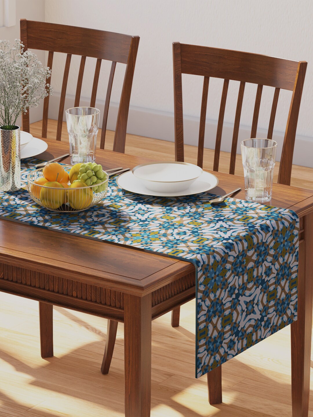 

PETAL HOME Teal Blue Printed Rectangle Pure Cotton Table Runner