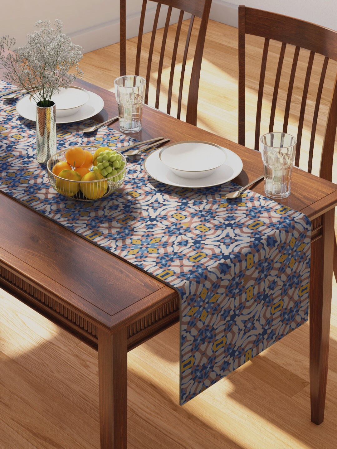 

PETAL HOME Blue Printed Pure-Cotton Table Runner