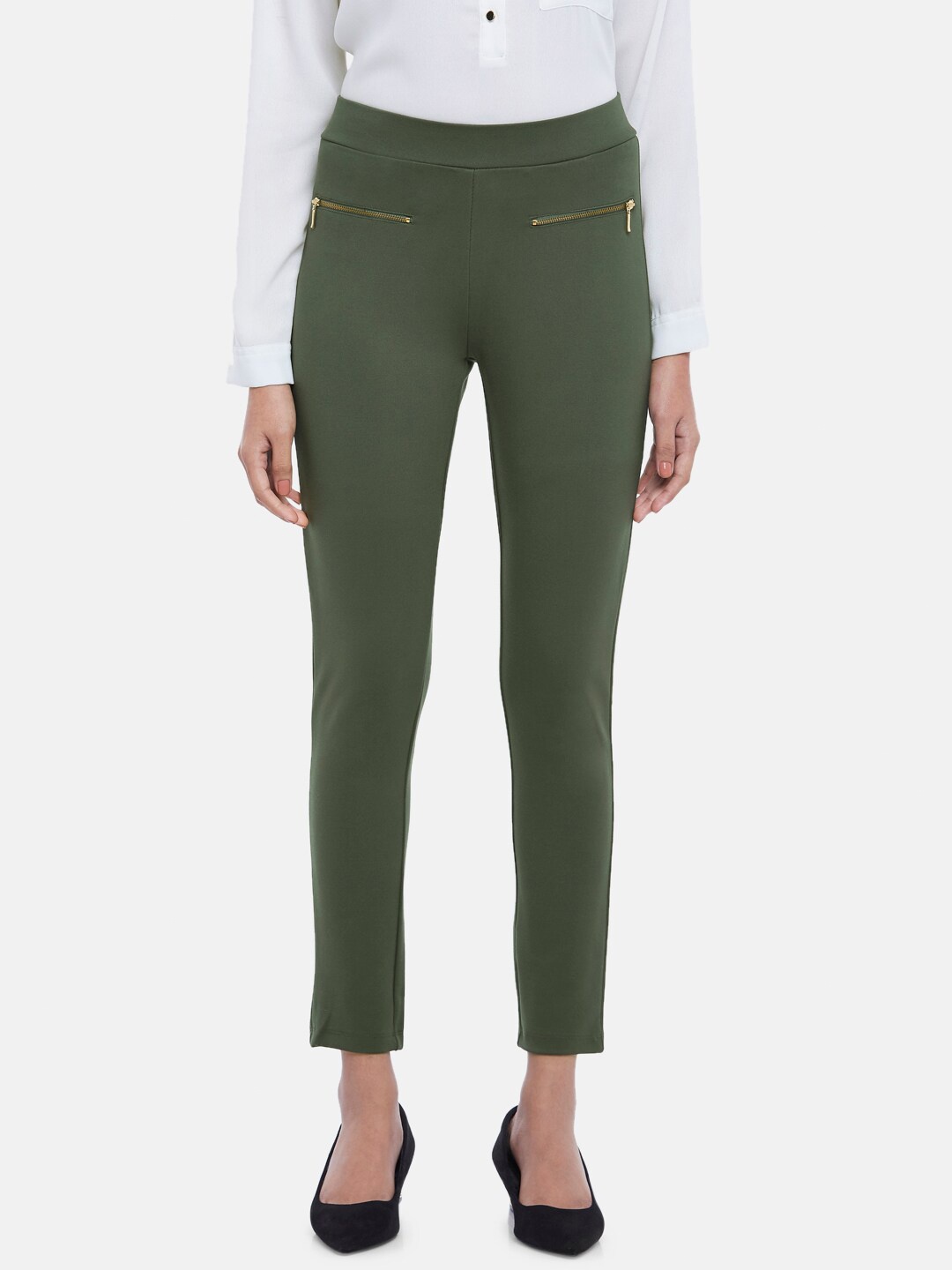 

Annabelle by Pantaloons Women Olive Green Skinny Fit Woven Jeggings