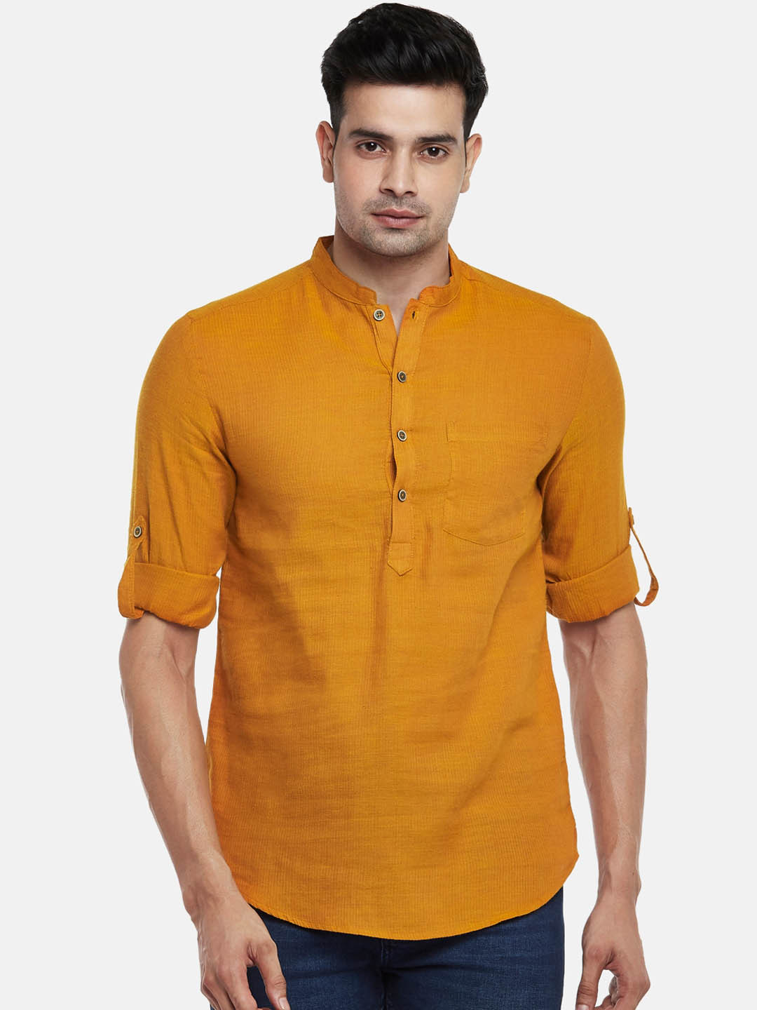 

indus route by Pantaloons Men Mustard Yellow Mandarin Collar Kurta