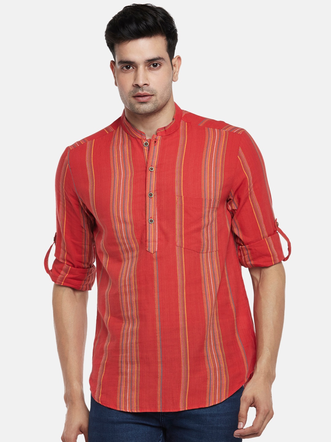 

indus route by Pantaloons Men Red Striped Woven Design Kurta