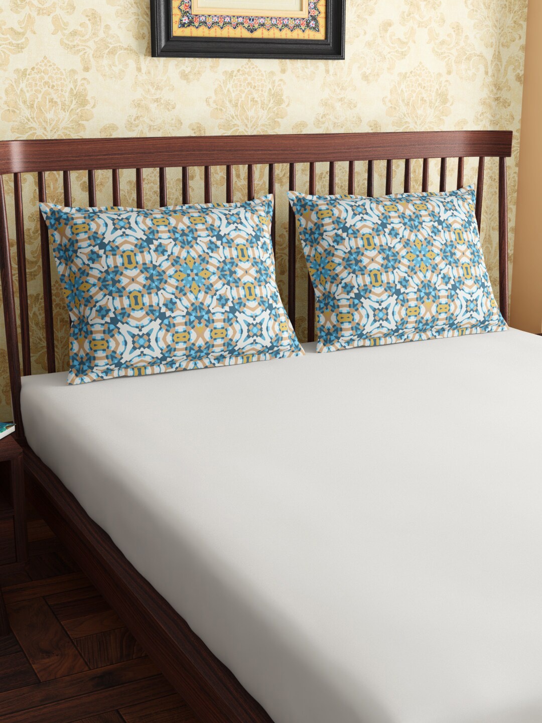 

PETAL HOME Set of 2 Teal-Blue & White Printed 300 TC Pure Cotton Pillow Covers