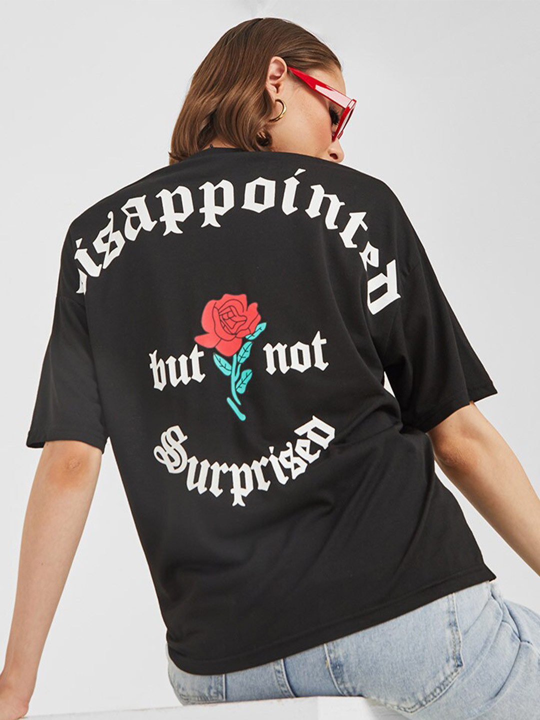 

Styli Women Black Short Sleeves Back Graphic Print Oversized T-shirt