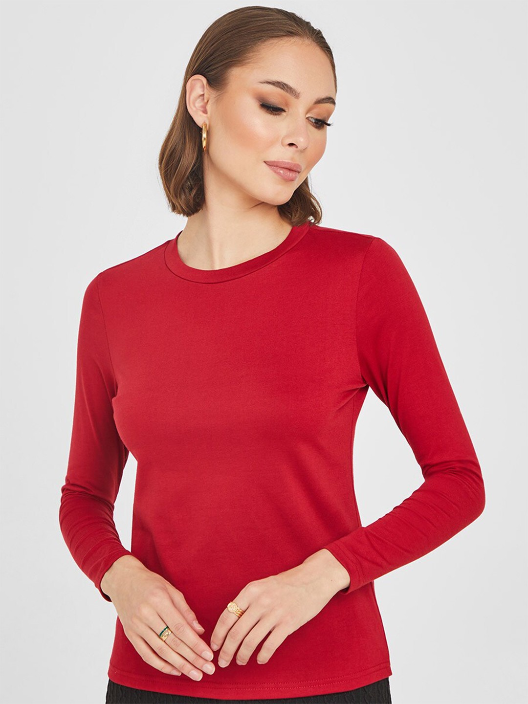 

Styli Women Red Long Sleeves Regular Length Slim Fit T-shirt