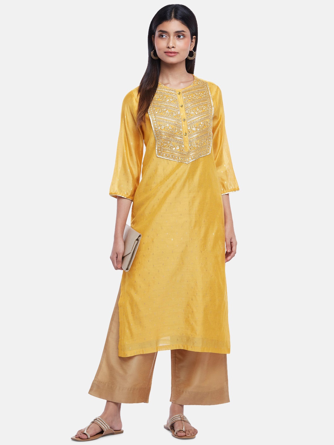 

RANGMANCH BY PANTALOONS Women Mustard Yellow Ethnic Printed Embroided Chanderi Silk Kurta