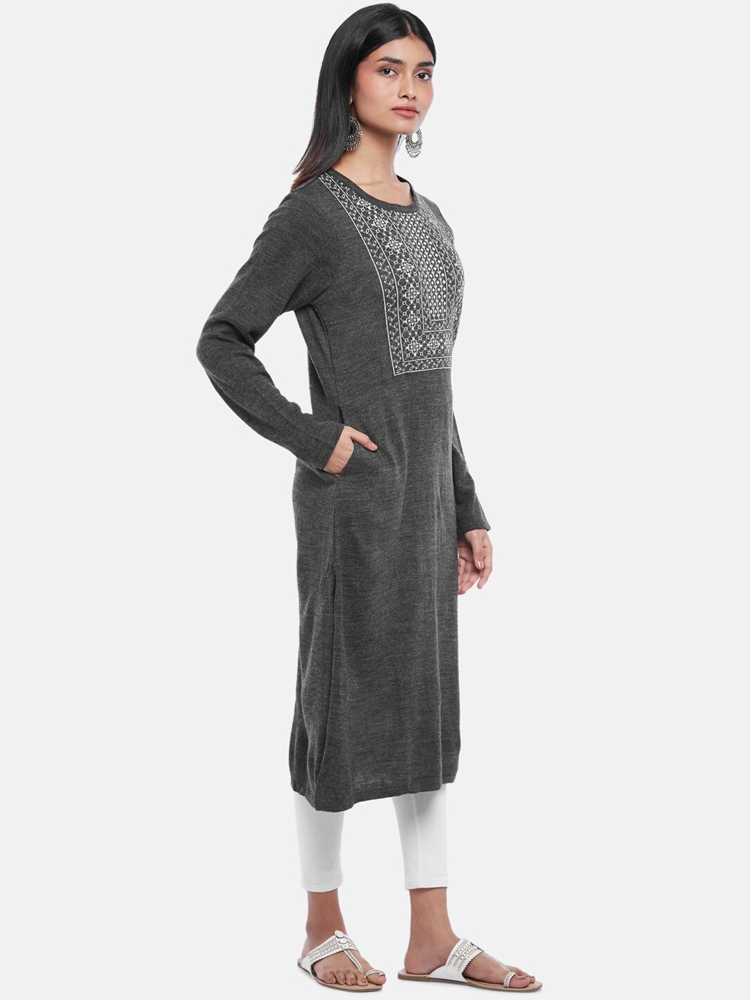 

RANGMANCH BY PANTALOONS Women Charcoal Yoke Design Acrylic Kurta