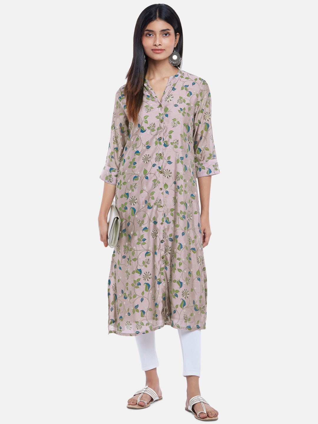 

RANGMANCH BY PANTALOONS Women Mauve Floral Printed Chanderi Silk Kurta