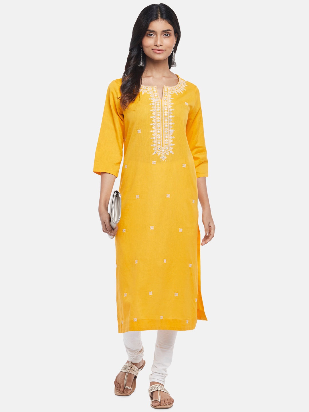 

RANGMANCH BY PANTALOONS Women Mustard Yellow Floral Embroidered Thread Work Kurta