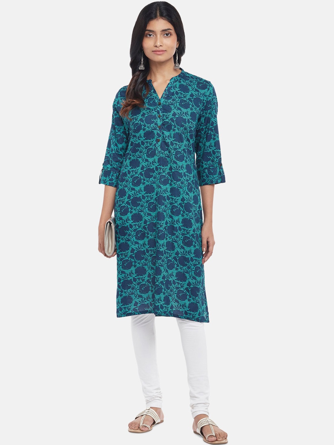 

RANGMANCH BY PANTALOONS Women Blue Floral Printed Rolled-up Sleeves Kurta