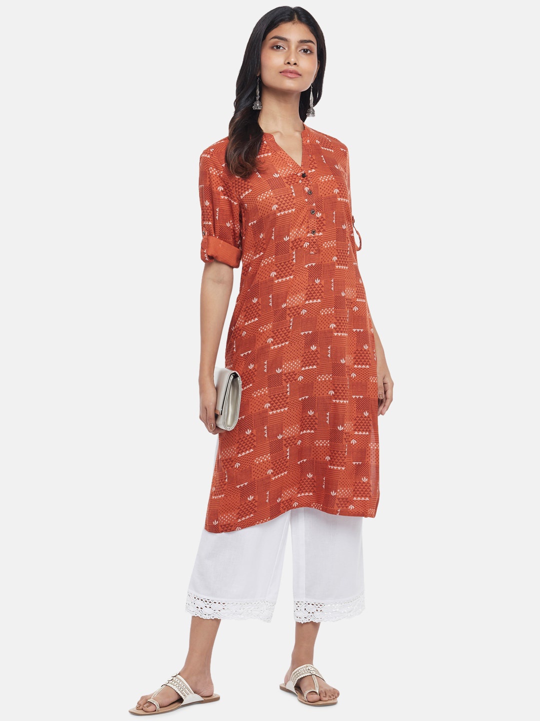 

RANGMANCH BY PANTALOONS Women Brown Geometric Printed Rolled-up Sleeves Kurta