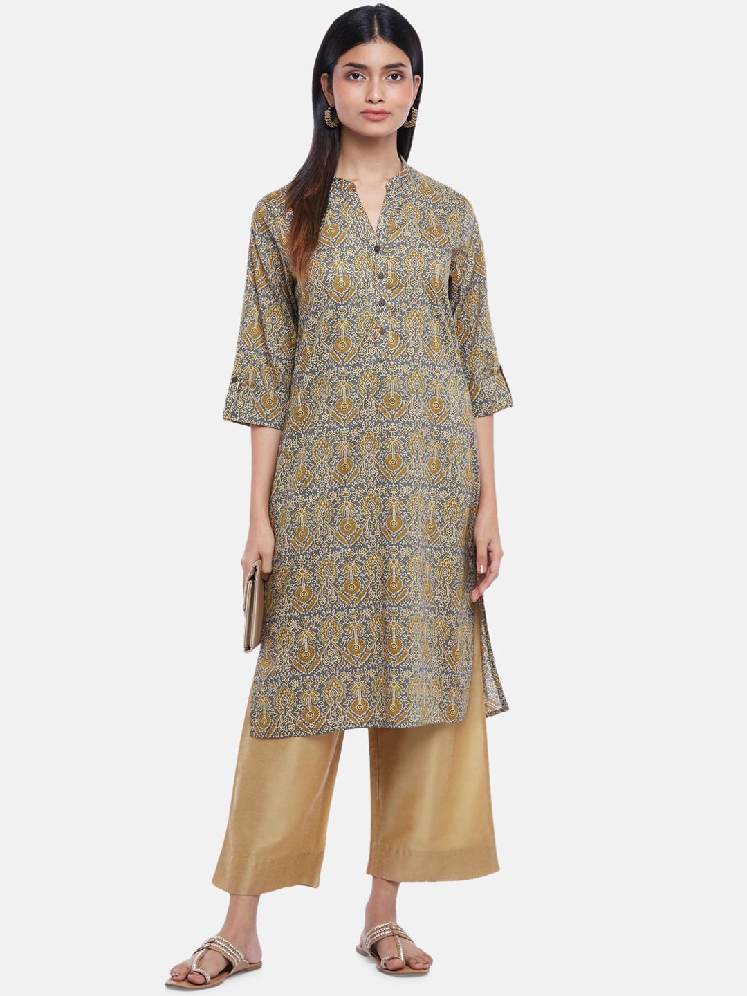 

RANGMANCH BY PANTALOONS Women Charcoal Ethnic Motifs Printed Mandarin Collar Kurta