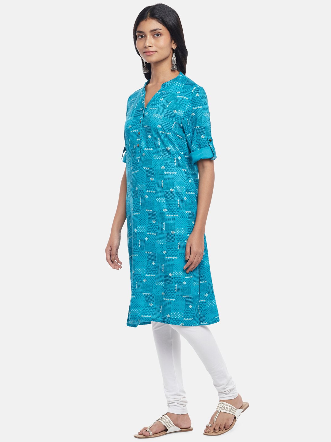 

RANGMANCH BY PANTALOONS Women Blue Ethnic Motifs Printed Mandarin Collar Kurta