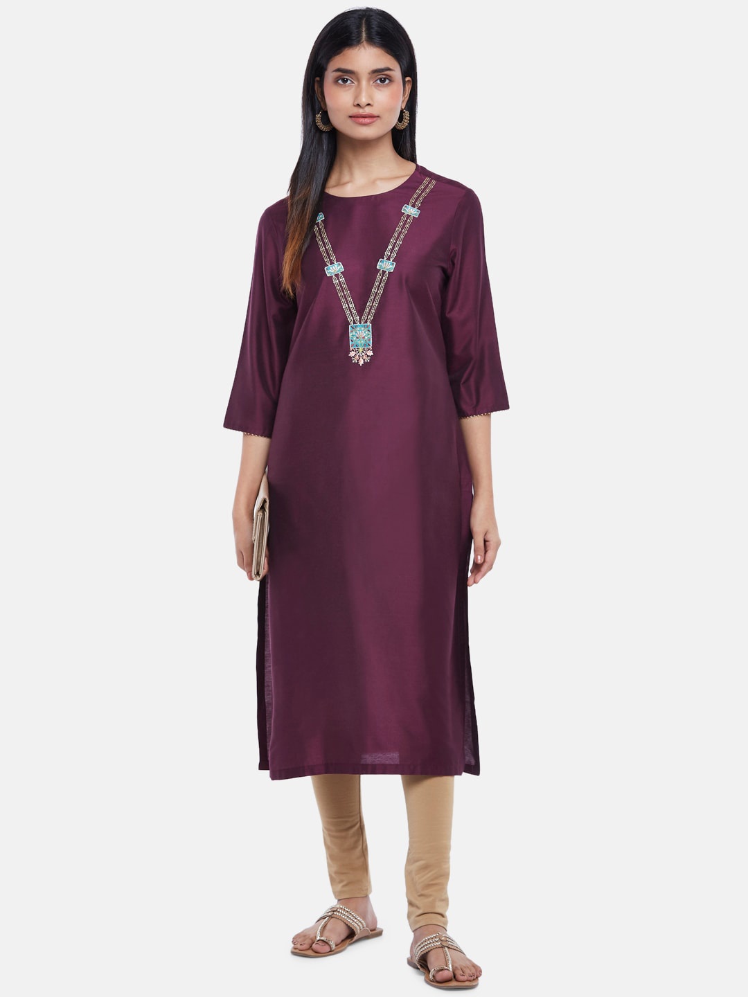 

RANGMANCH BY PANTALOONS Women Purple Yoke Design Thread Work Kurta