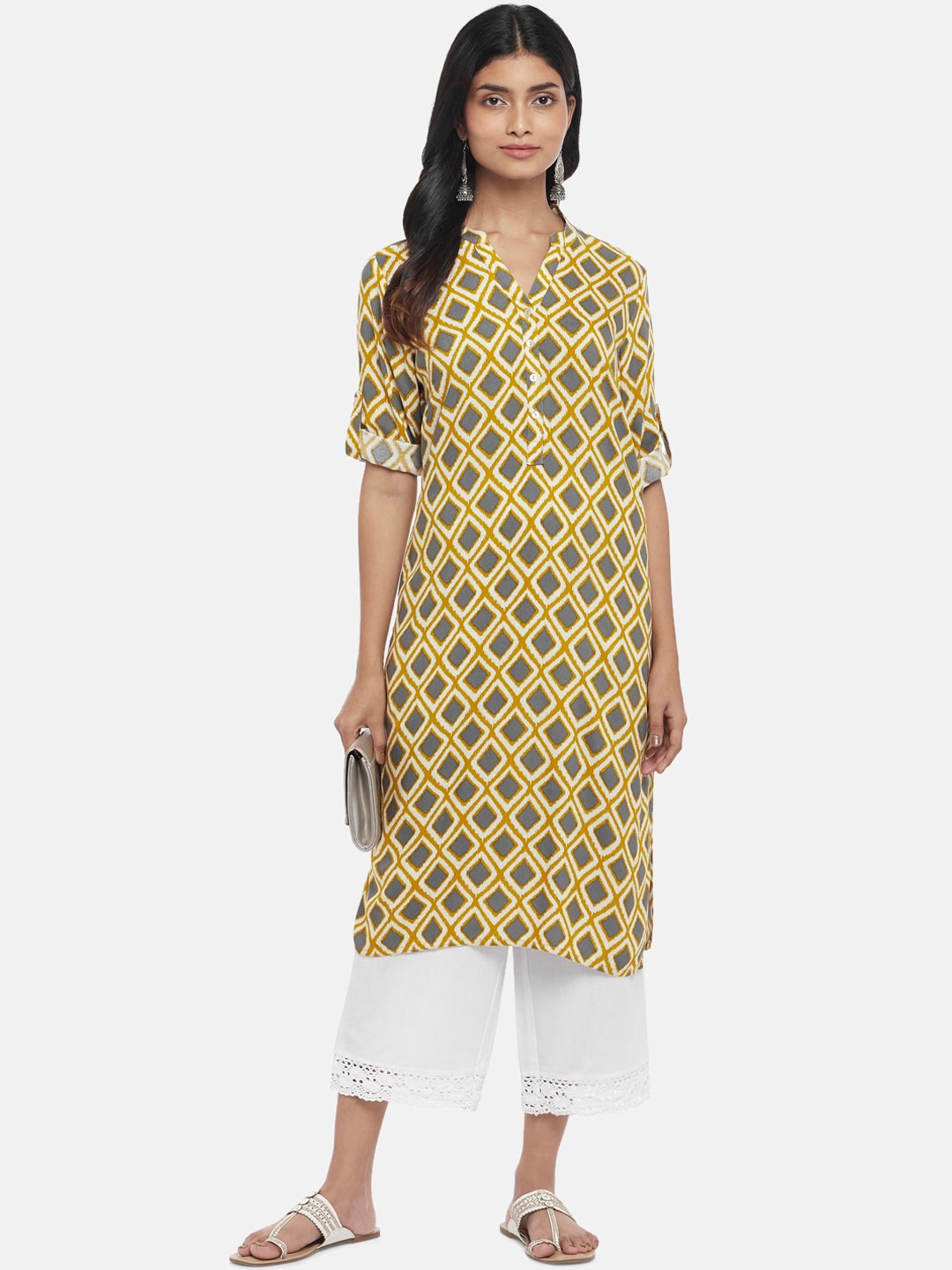 

RANGMANCH BY PANTALOONS Women Yellow & Grey Geometric Woven Design Kurta