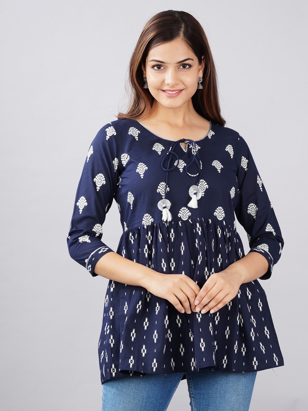 

PARCHHAI Navy Blue Floral Print Tie-Up Neck Indigo Empire Top