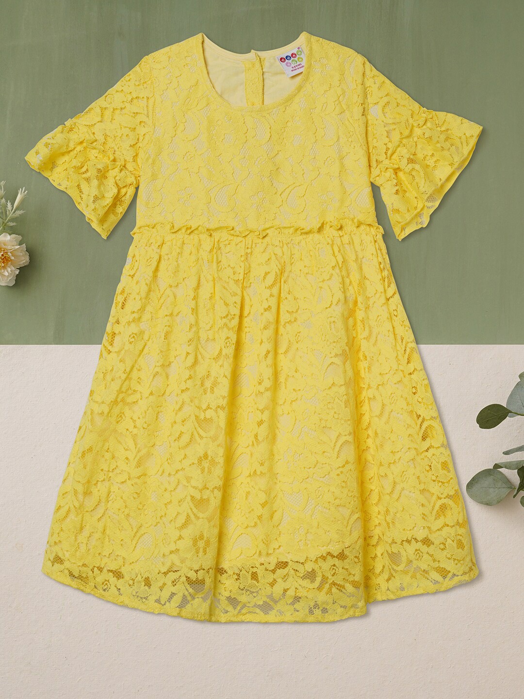 

ZION Girls Yellow Self Design Cotton Fit and Flare Dress