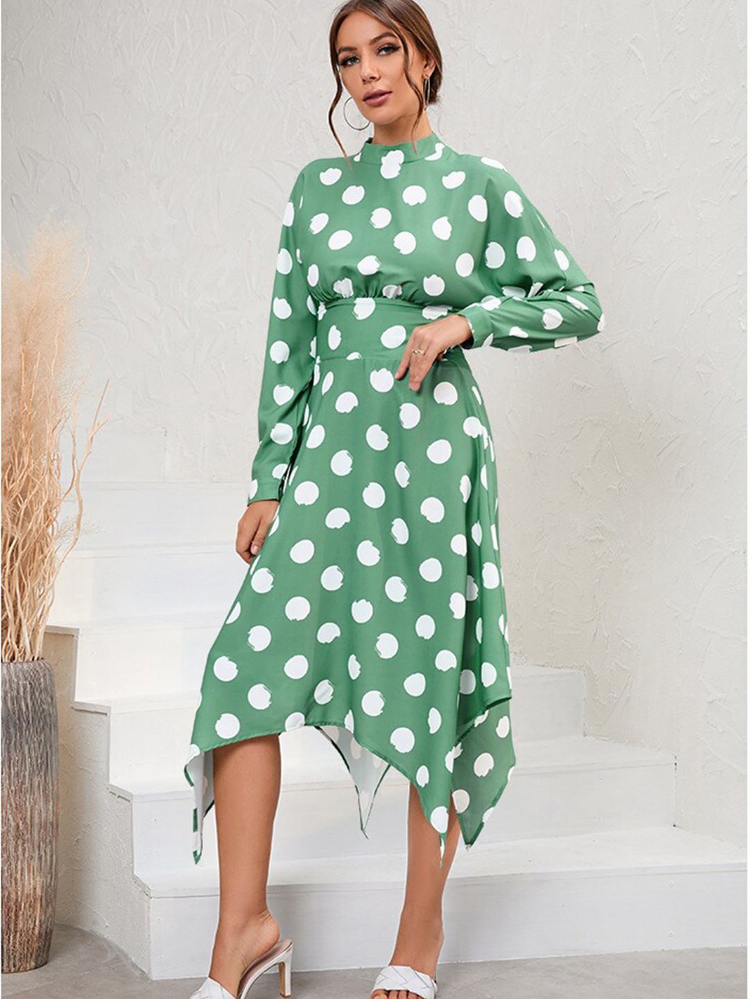 

BoStreet Green Asymmetrical Polka Dot Printed A-Line Midi Dress