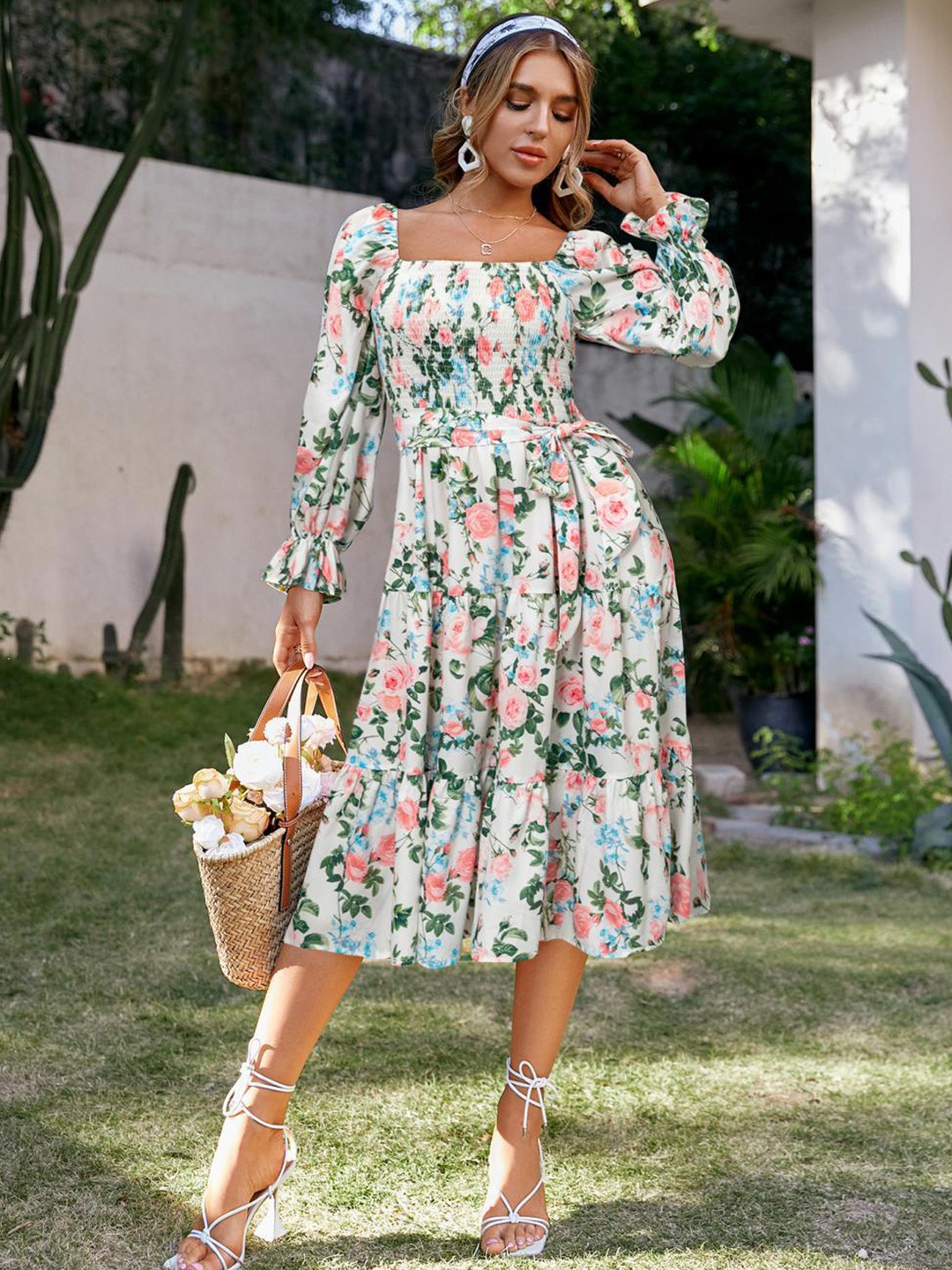 

BoStreet Women White & Pink Floral Printed Midi Dress