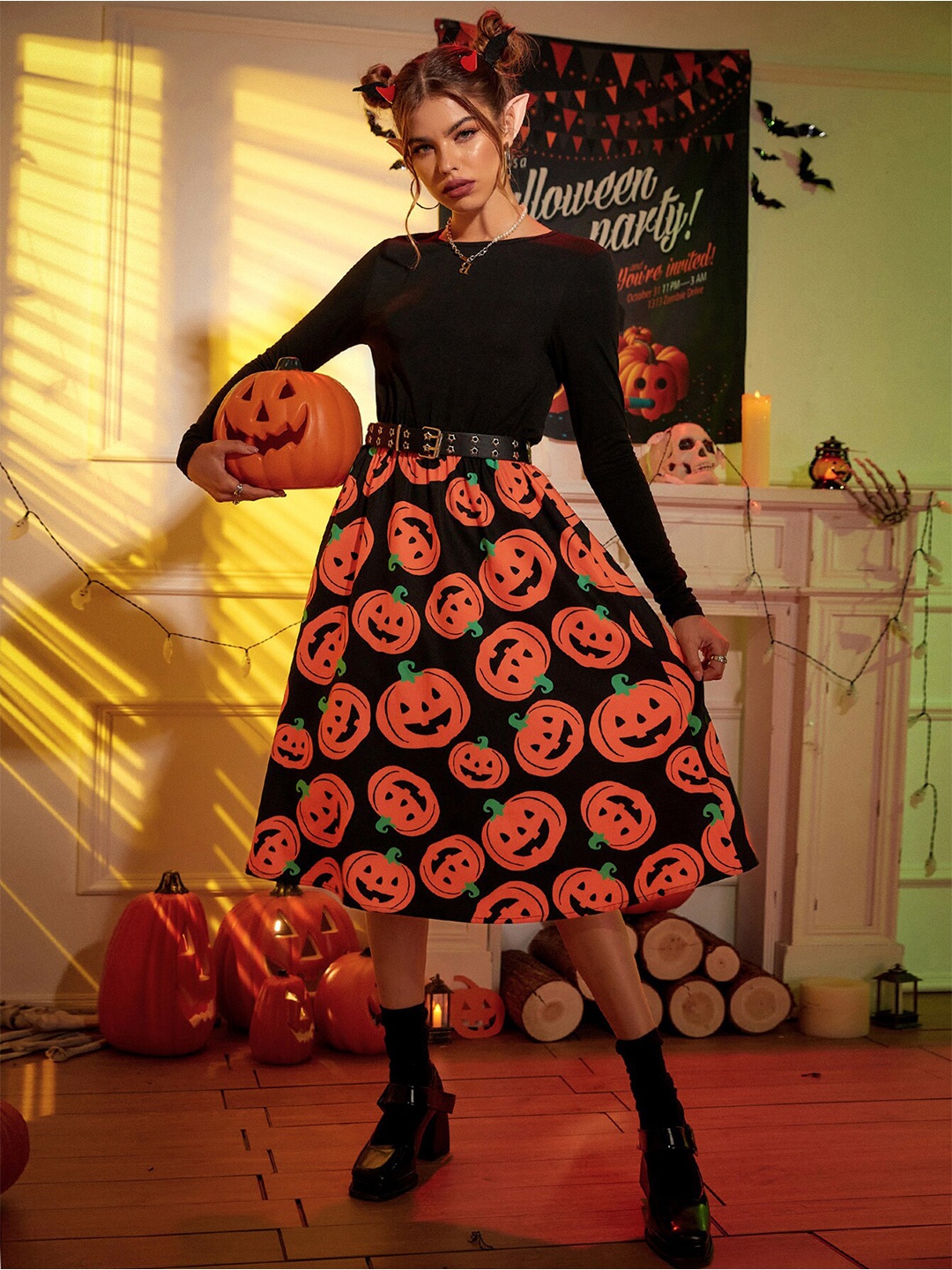 

BoStreetWomen Orange & Black Printed Fit and Flare Dress