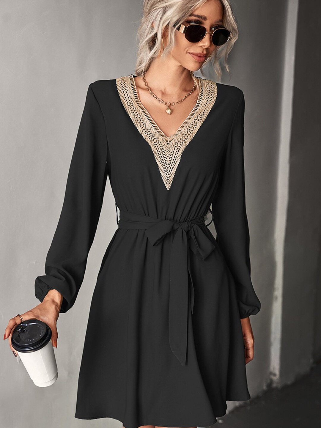 

BoStreet Black & Beige Laced A-Line Dress