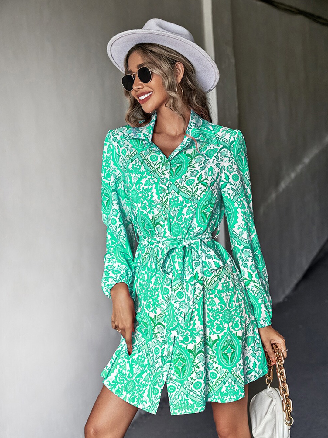 

BoStreet Green & White Floral Printed Shirt Dress