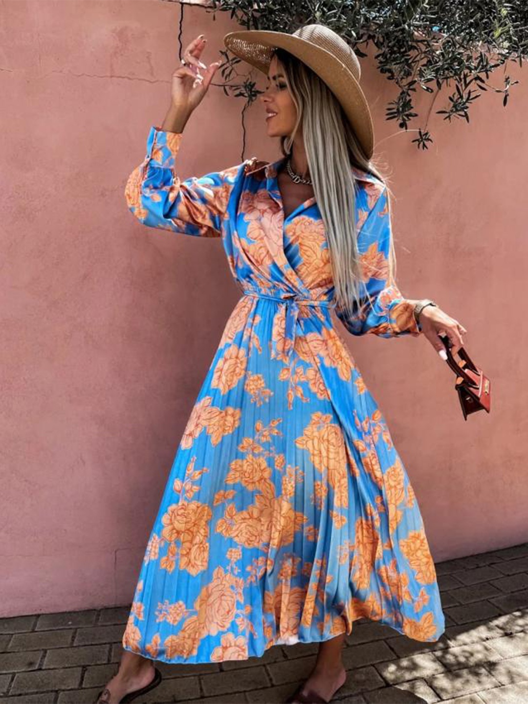

BoStreet Orange And Blue Shirt Collar Pleated Wrap Maxi Dress