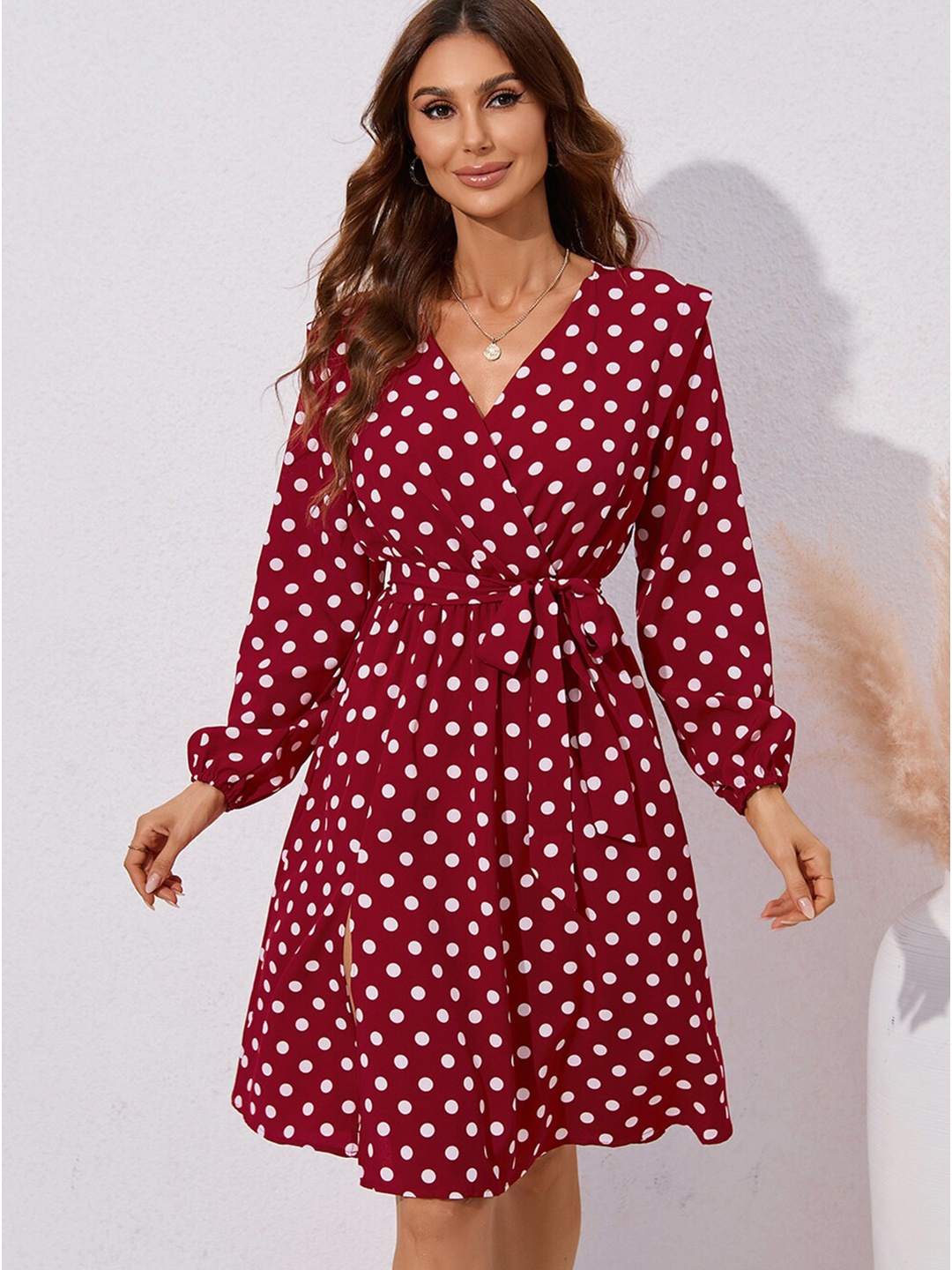 

BoStreet White & Maroon Polka Dots Printed Wrap Dress