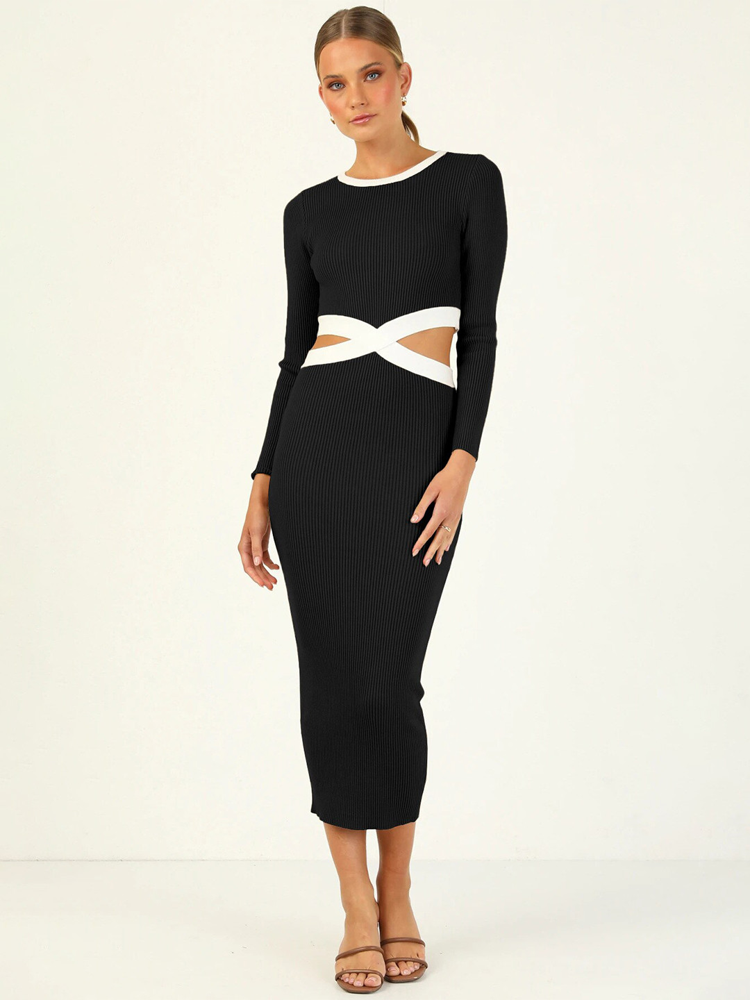 

BoStreet Women Black & White Bodycon Midi Dress