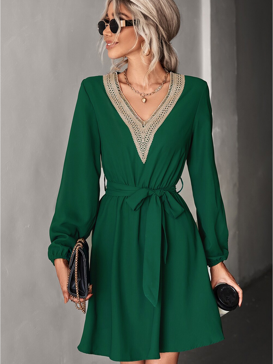 

BoStreet Women Green V-Neck Fit and Flare Dress