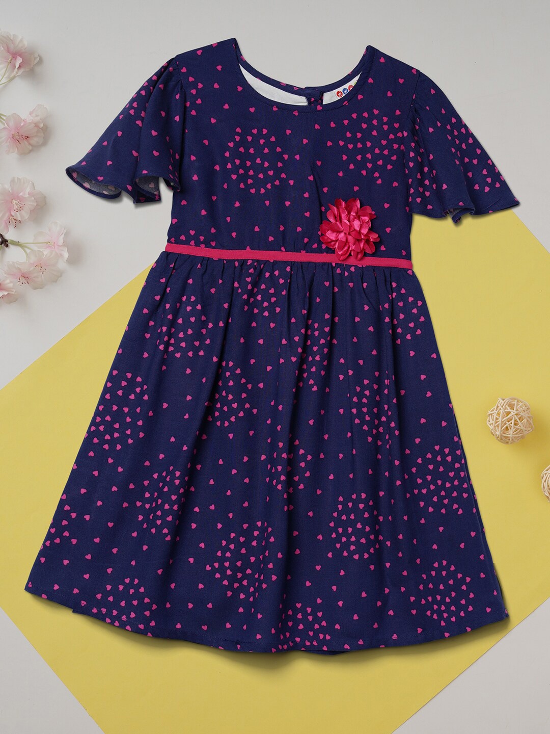 

ZION Girls Navy Blue & Pink Printed A-Line Dress