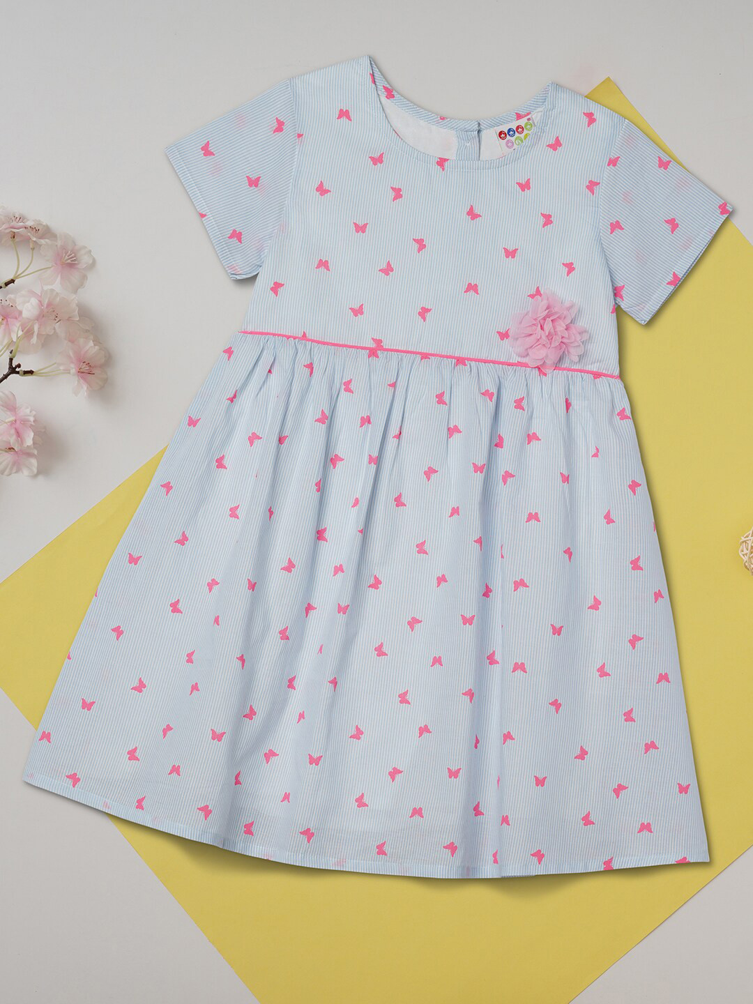

ZION Girls Blue & Pink Printed Cotton Dress