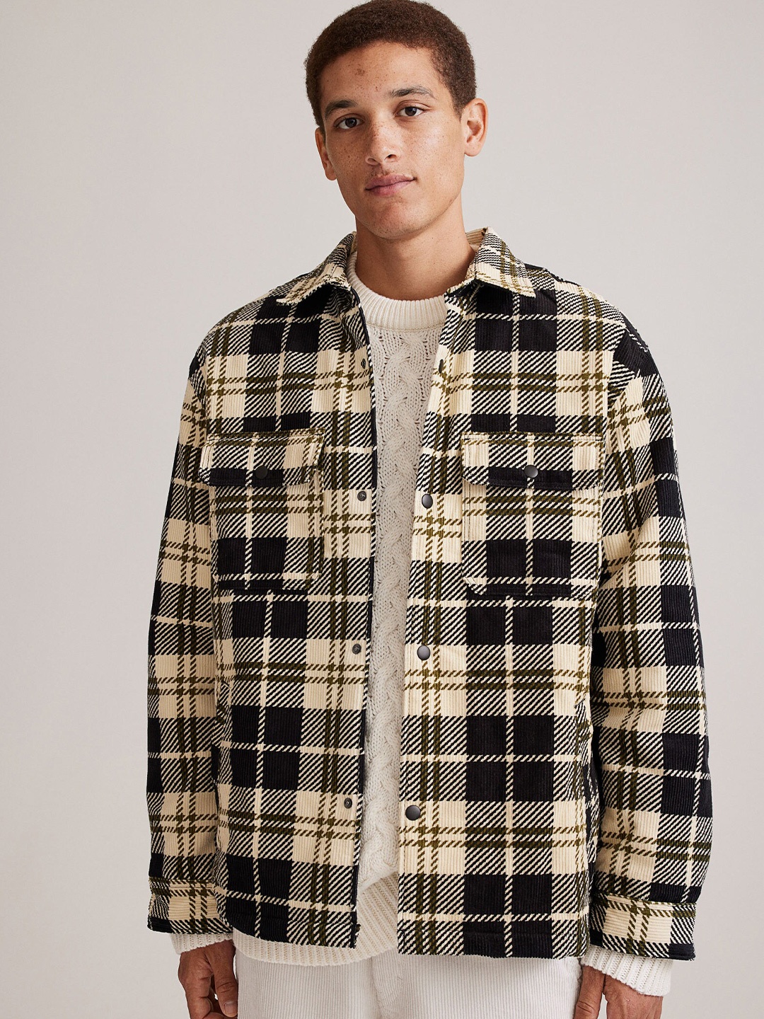 

H&M Men Checked Relaxed Fit Padded Shacket, Beige
