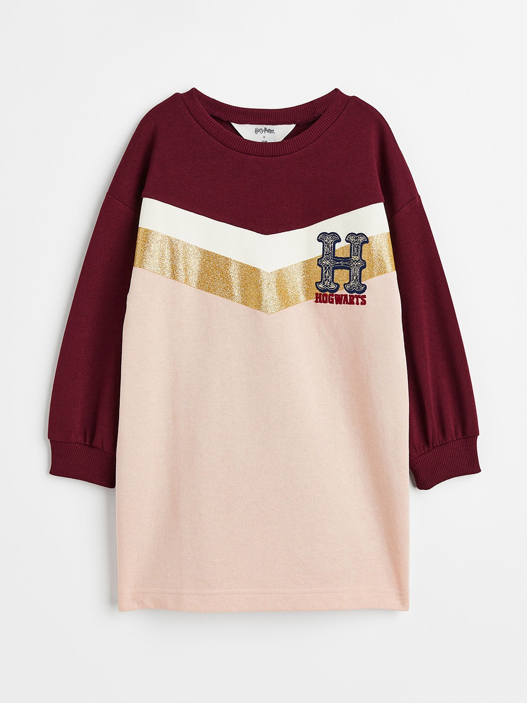 

H&M Girls Peach-Coloured & Maroon Colourblocked Embroidered Sweatshirt Dress, Multi