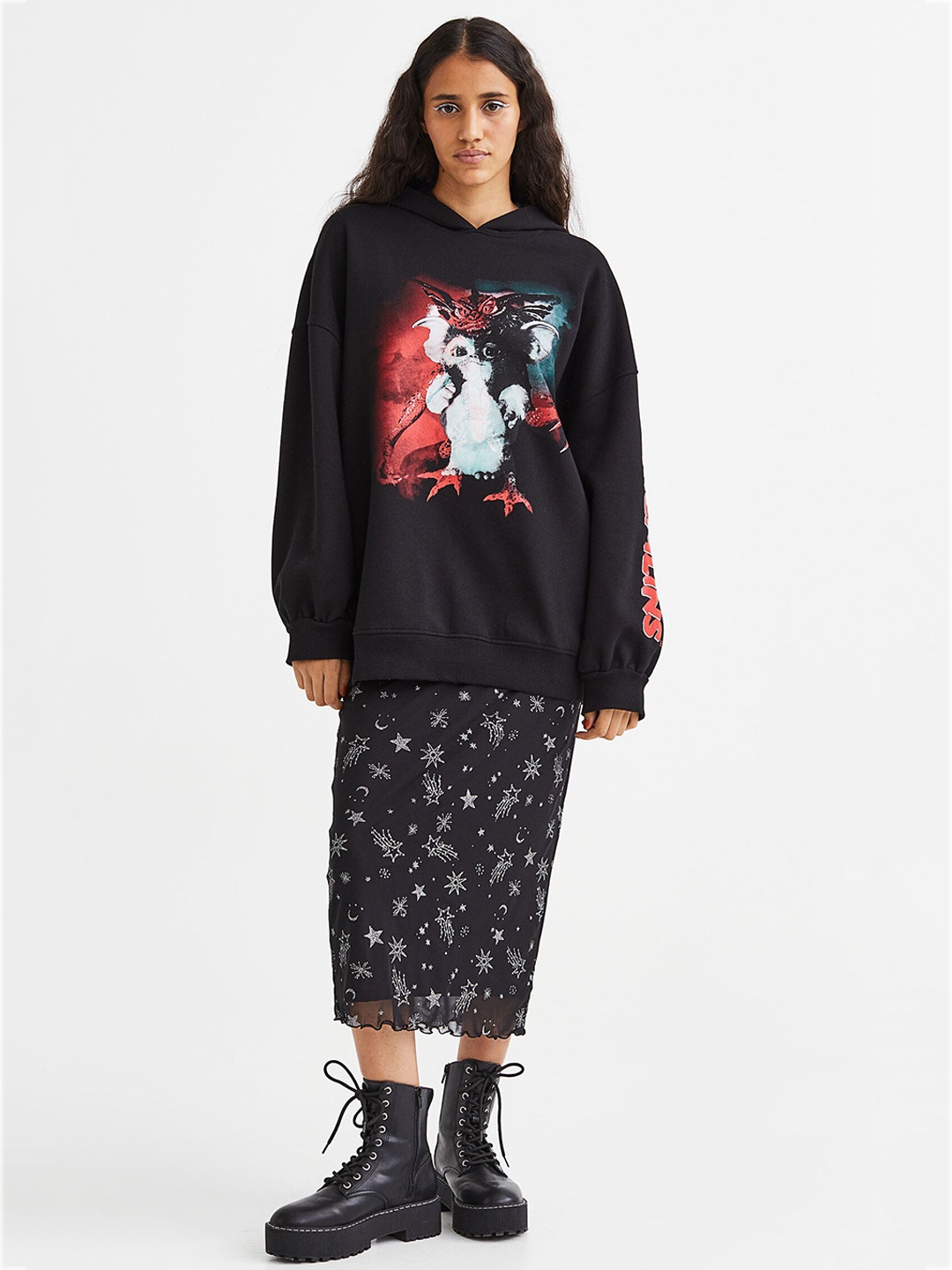 H&M Women Black Printed Oversized Hoodie
