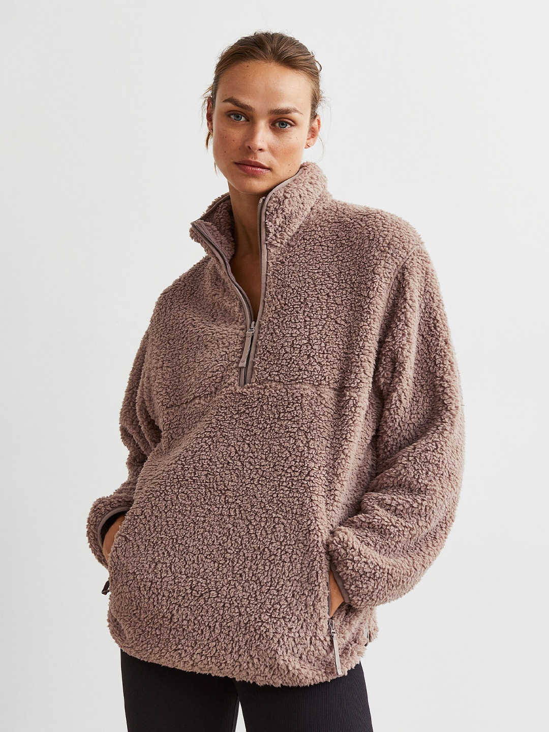 

H&M Women Zip-Top Fleece Top, Beige