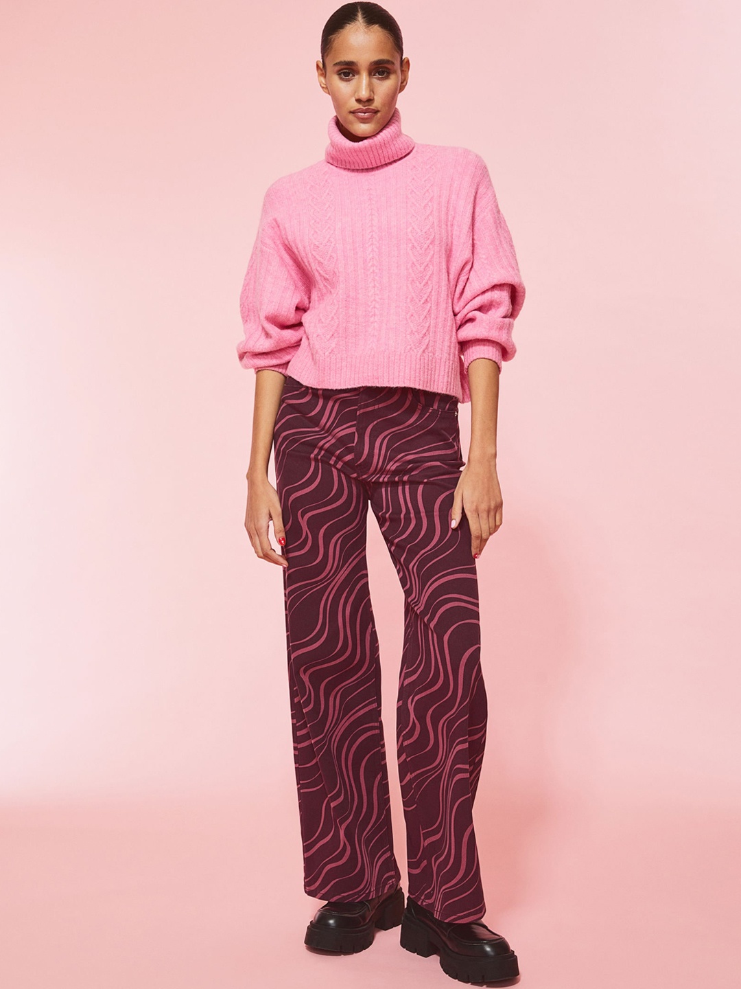 

H&M Women Wide Twill Trousers, Purple