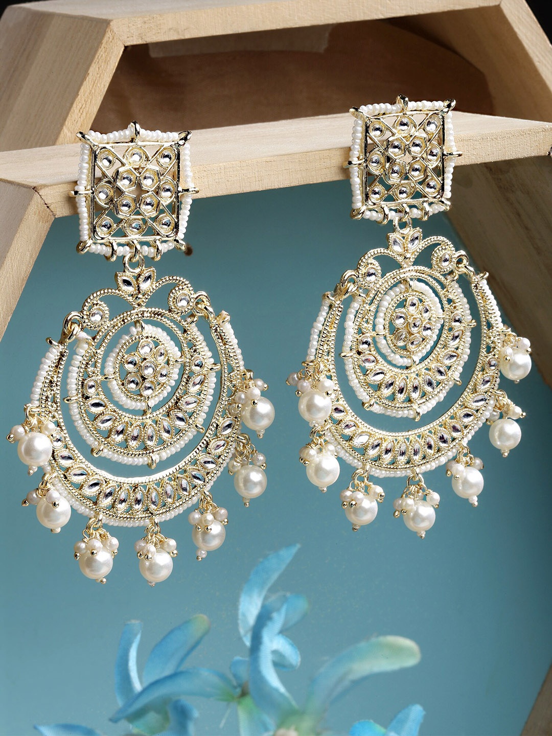 

KARATCART Women Gold-Toned & White Contemporary Chandbalis Earrings