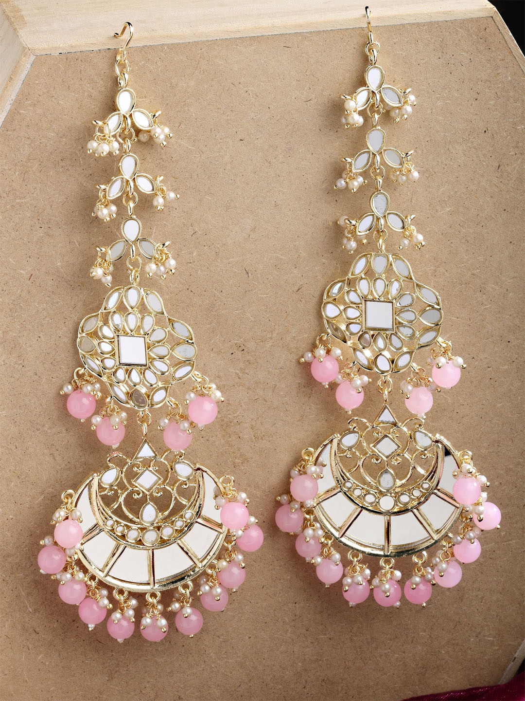 

KARATCART Pink Gold Plated Beads Mirror Studded Contemporary Chandbalis Earrings