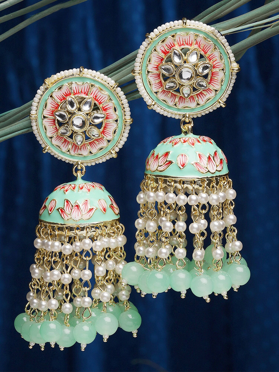 

KARATCART Gold Plated Lime Green Dome Shaped Jhumkas Earrings