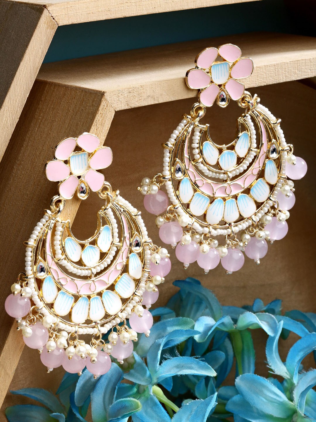 

KARATCART Women Pink Beads and Meena Gold Plated Contemporary Chandbalis Earrings