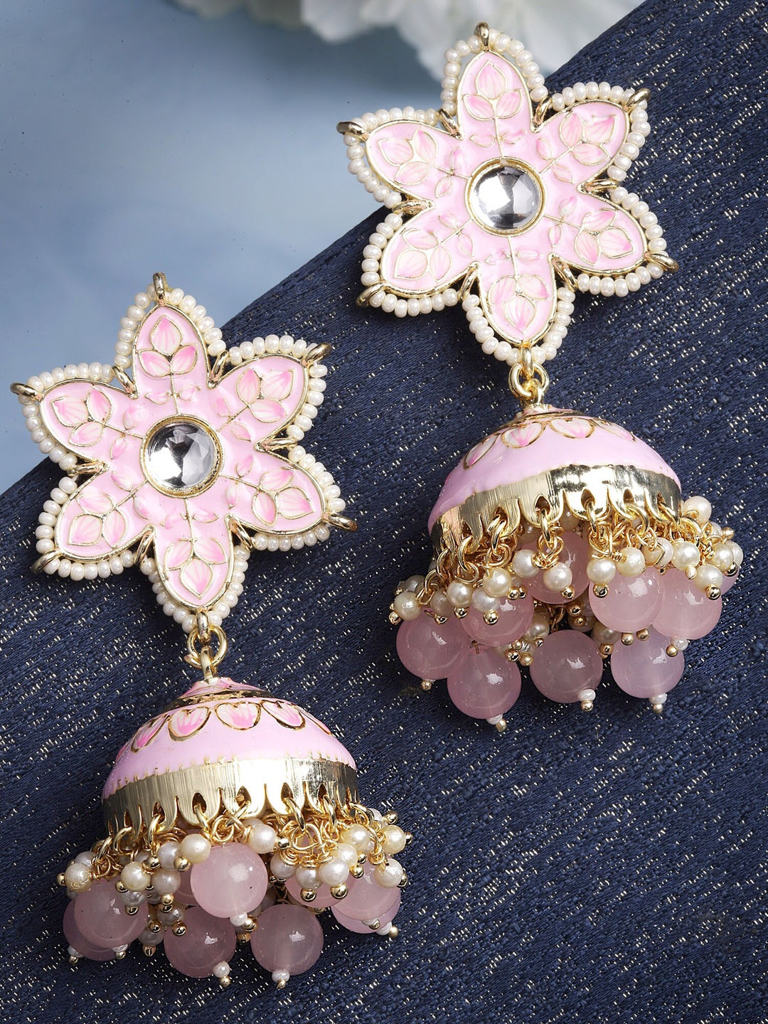 

KARATCART Pink & Gold Plated Floral Jhumkas Earrings