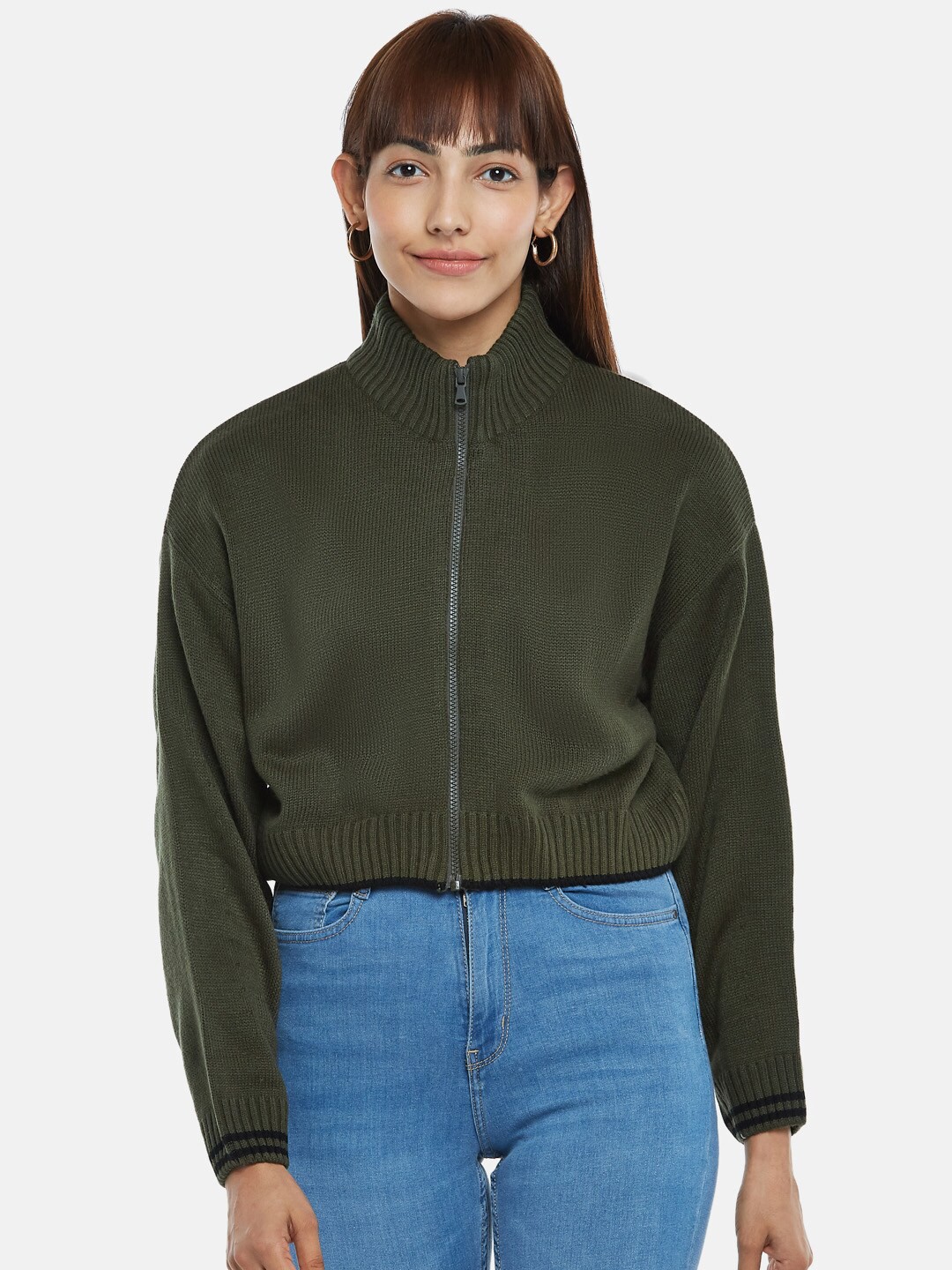 

People Women Olive Green Crop Cardigan
