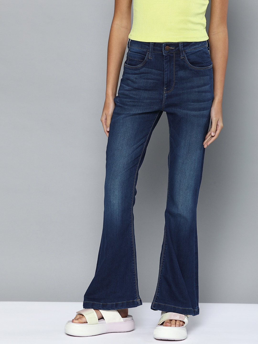 

HERE&NOW Women Bootcut High-Rise Light Fade Jeans, Navy blue