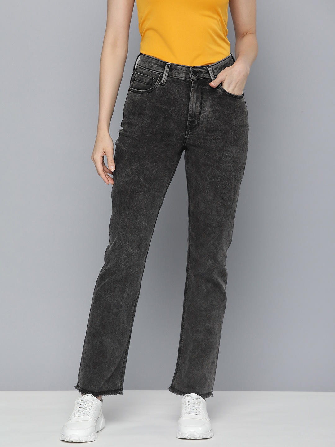 

HERE&NOW Women High-Rise Heavy Fade Acid Wash Stretchable Jeans, Black