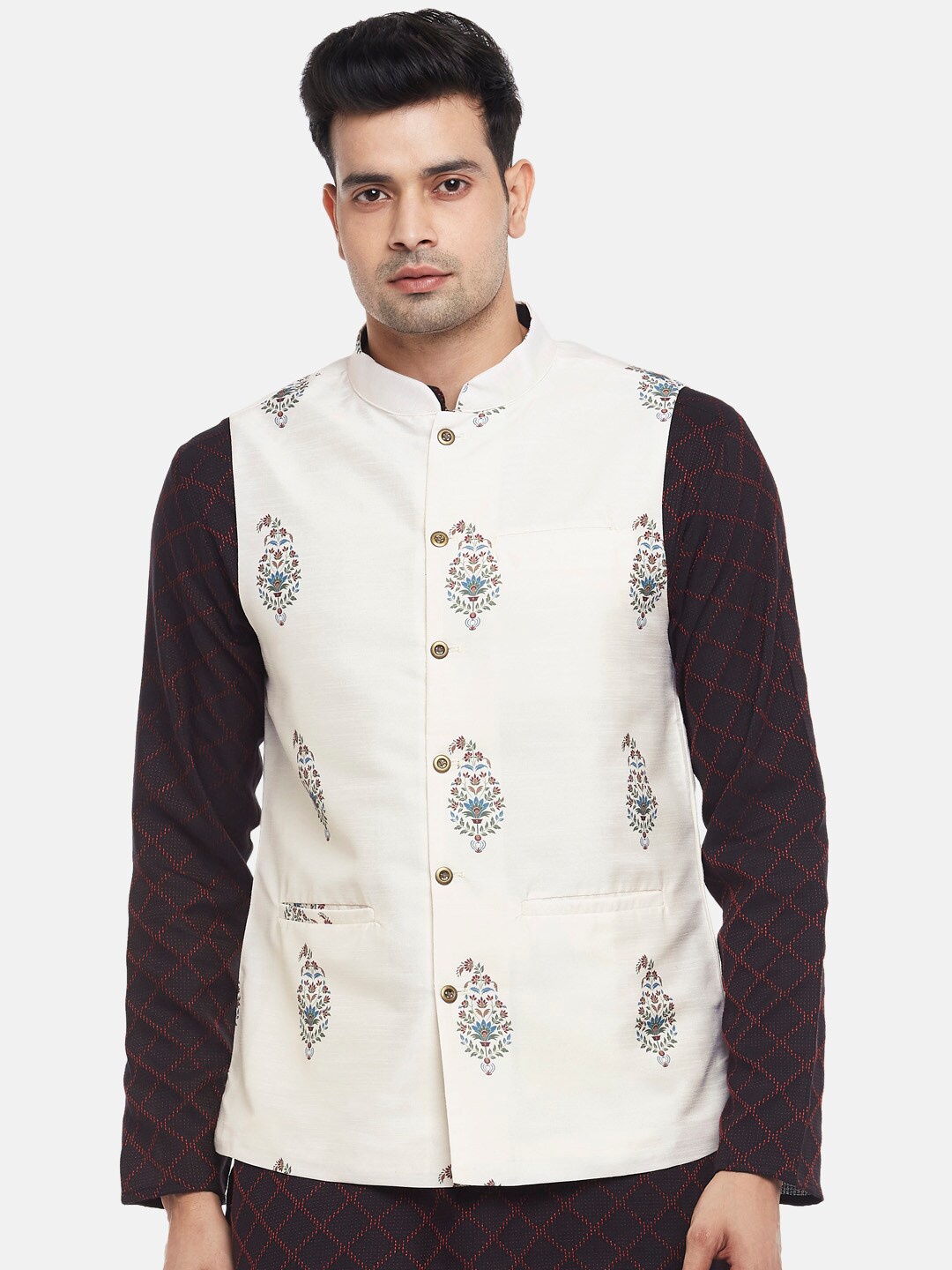 

indus route by Pantaloons Men Beige Printed Nehru Jacket