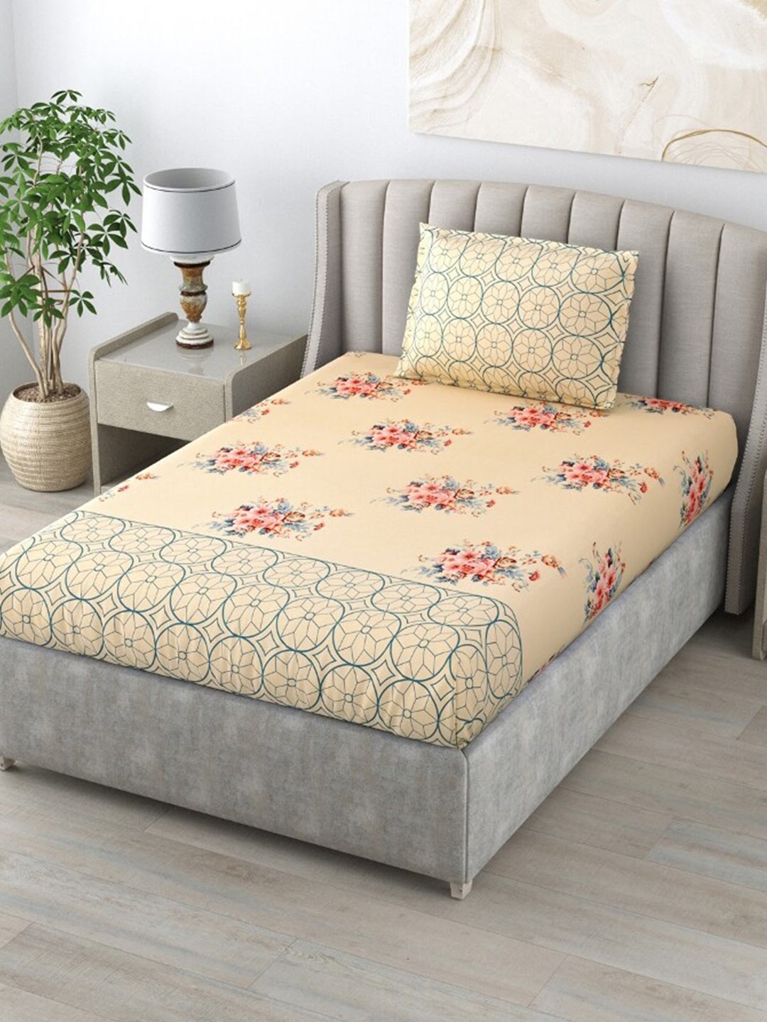 

Salona Bichona Yellow & Pink Floral 144 TC Single Bedsheet with 1 Pillow Covers